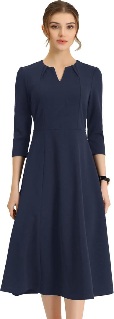 Allegra K Women's 3/ 4 Sleeve Dresses V Neck Pockets Elegant A-Line Midi Dress Work Business Spring Outfits, 3X-Large, Navy Blue