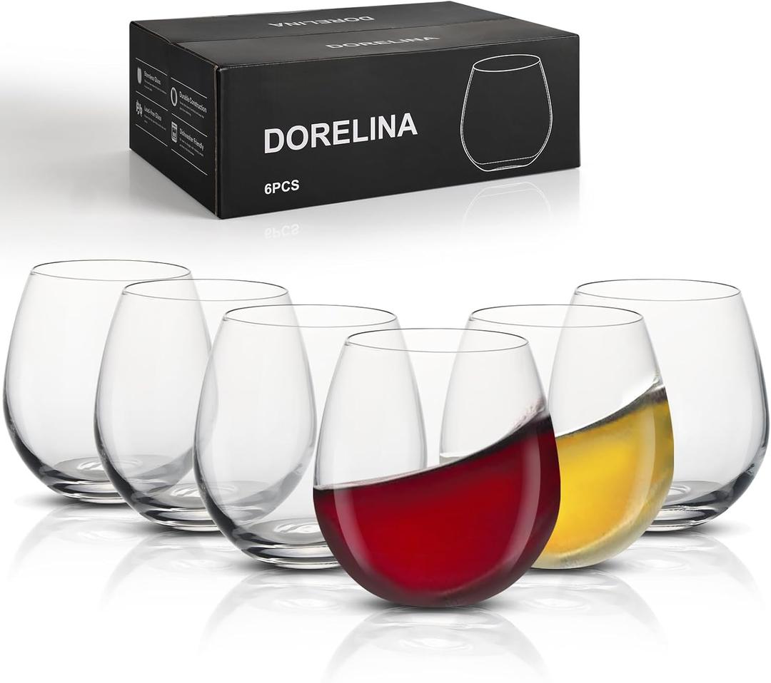 Stemless Glasses Set of 6 15oz Elegant Modern Red & White Glasses for Everyday Use, Dishwasher Safe, Shatter-Resistant Crystal-Ergonomic Design, Drinking Glasses Gifts