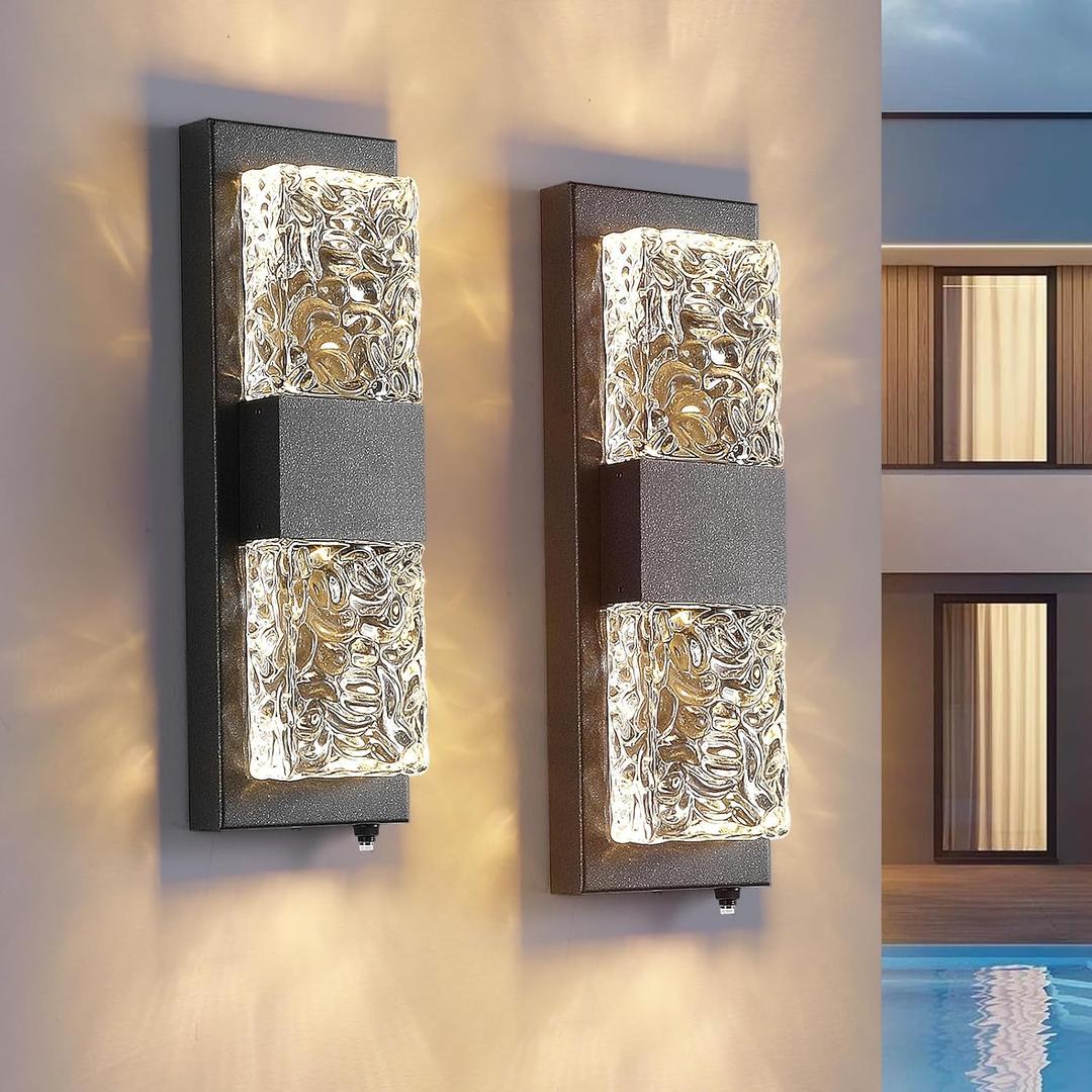 Dusk to Dawn Outdoor Lighting,Porch Lights Outdoor IP65 Waterproof Exterior Lighting Fixtures 12W LED Ripple Crystal Modern Outside Light for House Hallway Doorway Patio,14.2'' Black, 2PCS, 14IN
