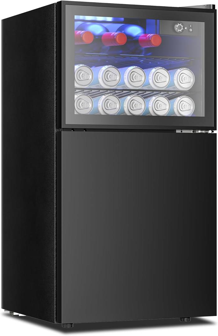 EUHOMY Double Door Mini Fridge With Freezer, Freestanding Wine Cooler Refrigerator With Reversible Door, Compact Refrigerator Temperature Control, Wine Fridge Perfect For Kitchen Home Office. (3.0 CUFT)