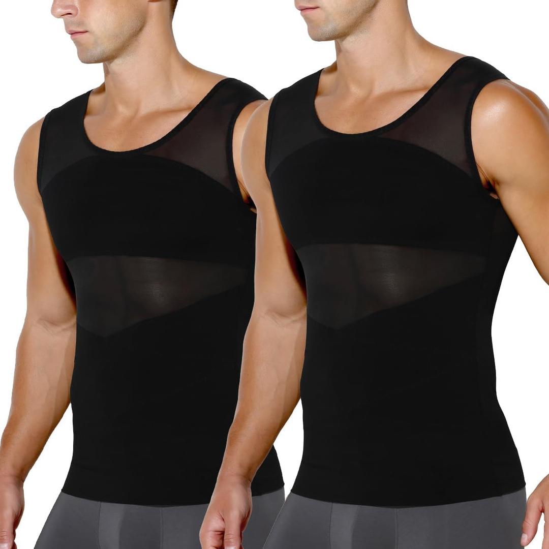 Arjen Kroos Men's Slimming Shirt Mesh Compression Shirt 4-Way Stretch Body Shaper for Chest,Abdomen & Posture Support (Black, S)