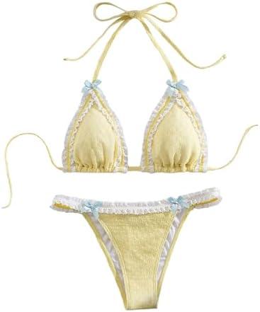 Milumia Women's Lace Trim Bow Tie Bikini Set Triangle Halter Cheeky 2 Piece Swimsuit Size S, Yellow