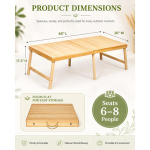 Boho Wooden Folding Picnic Table 60"x30" Low Portable Outdoor Camping Table, 60" x 30" x 16"
