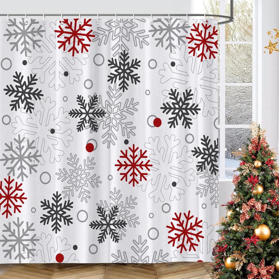 GOOESING Christmas Snowflakes Shower Curtain Winter Red Grey White Snowflake Waterproof Shower Curtains for Bathroom Merry Xmas New Year Holiday Bathroom Shower Curtain Set with Hooks 72x72 Inch
