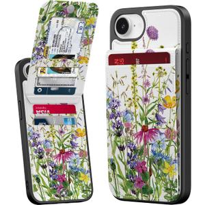Bemal for iPhone 16e Wallet Case, Built-in 6 Card Holder, Fashion Printed, RFID Blocking, PU Leather Kickstand, Magnetic Closure, Shockproof Phone Cover for Women and Men, Blooming Floral