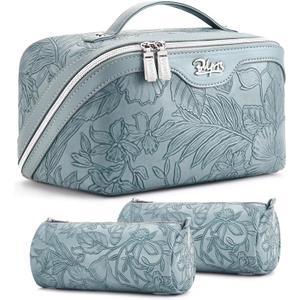 BOYATU Travel Makeup Bags Cosmetic Organizer Bag: 3 Pcs Set Large Capacity Floral Make up Bag with Compartments - Waterproof Leather Toiletry Bags with Handle for Women (01-Light Blue)