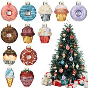 12 Pcs Christmas Glass Cupcake Ornaments Dessert Theme Ornaments Christmas Donut Candyland Hanging Pendants Gift Food Theme Hanging Decor Xmas Tree Pendants for Home Indoor Holiday Party Decoration