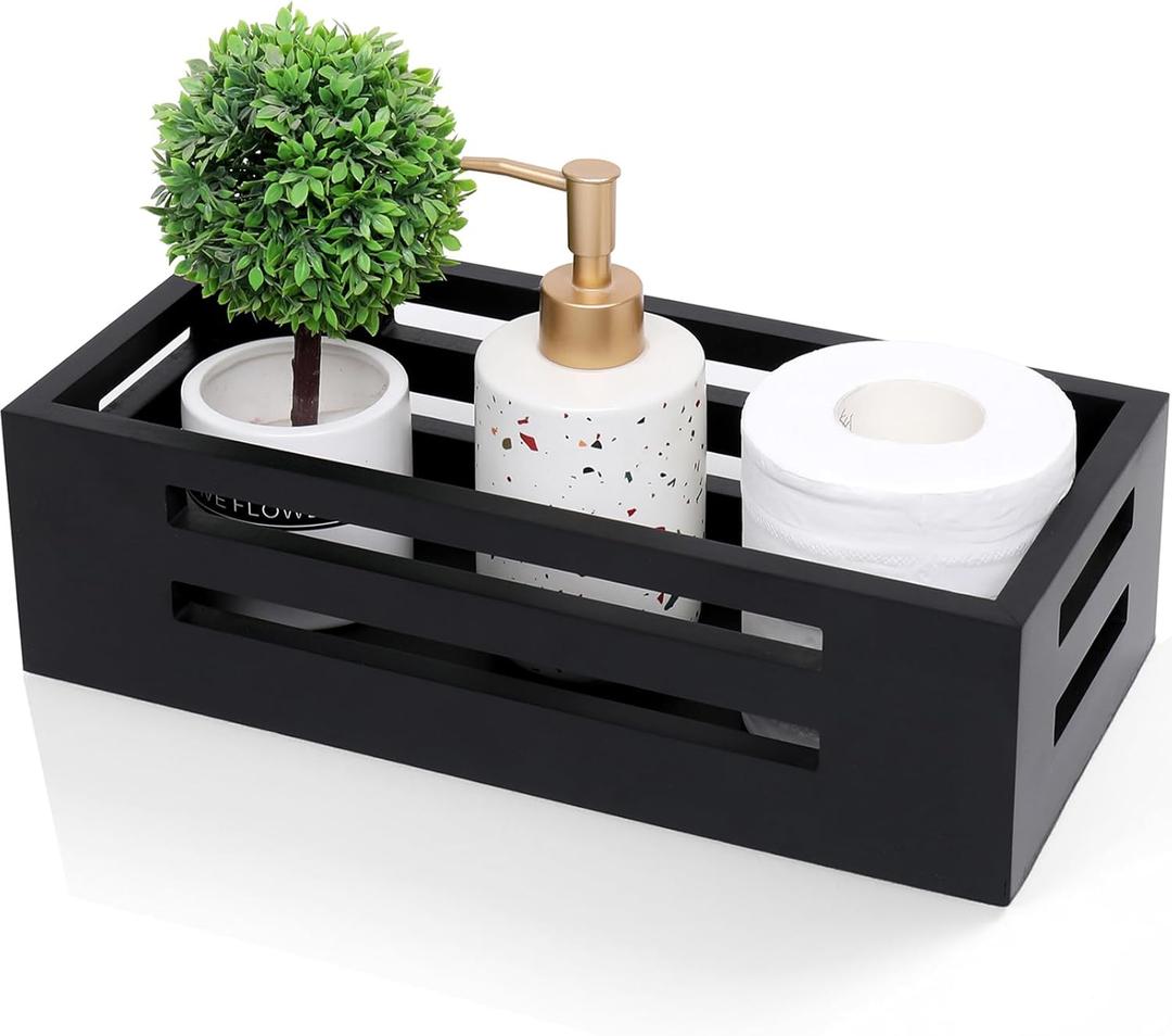Black Decor Box Bathroom Toilet Tank Basket Topper,Wooden Toilet Tank Paper Basket with Handles for Organizing,Black Bathroom Decor Box for Toilet Paper Storage