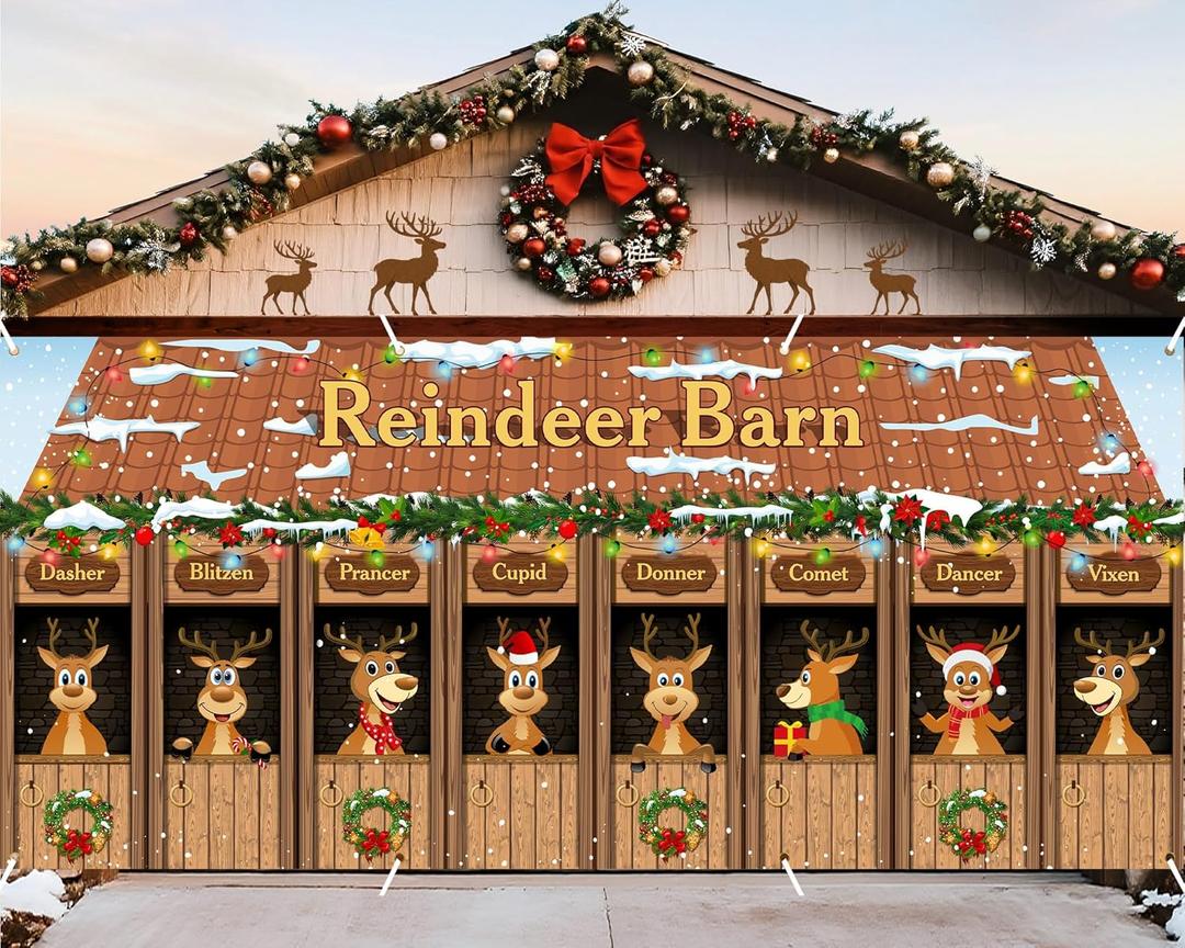 HunnmingRe 16 x 7Ft Christmas Garage Door Banner Decoration Magnetic Garage Door Covers Large Christmas Backdrop Decorations for Indoor Outdoor Xmas Party(Reindeer)