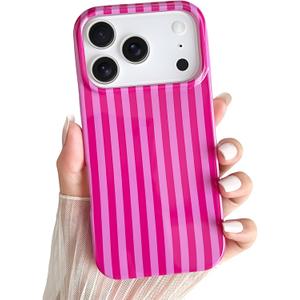 Yeddabox for iPhone 17 Pro Case Cute Striped Phone Case Soft TPU Slim Shockproof Phone Cover for Women Girls, Hot Pink