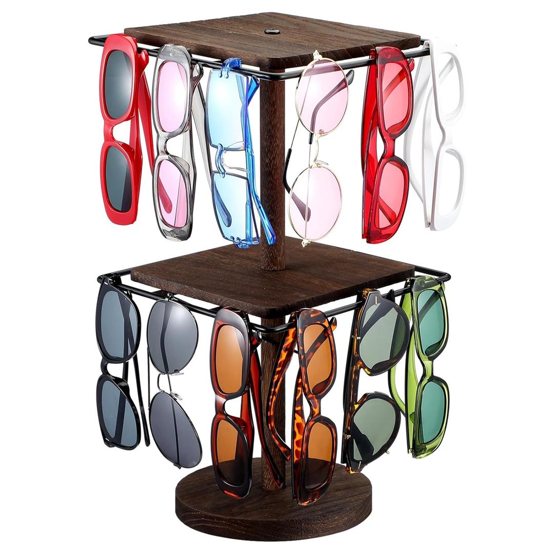 Chunful Rotating Sunglasses Organizer 360 Sunglass Display Stand 2 Tier Wooden Eyewear Display Holder Rack with Base Glasses Storage for Multiple Pairs Tabletop Dresser Desk (7.87x7.87x15.55)