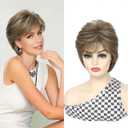 UDU Short Pixie Cut Wig for Older Women White Women, Natural Looking Short Layered Pixie Wig with Bangs, Lightweight Synthetic Short Hair Wig for Seniors, Easy Wear Daily Wig (Light Brown with Blonde Highlights)