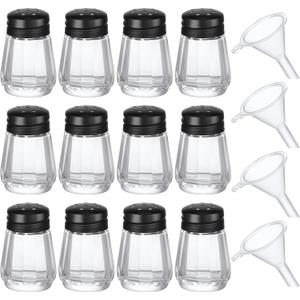 Potchen 12 Pcs Cube Shape Mini Salt and Pepper Shakers Bulk 0.5 oz Small Cube Glass Spice Shaker with Plastic Mini Funnels for Wedding Kitchen Restaurant Travel Camp Party (Black)