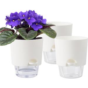 Plant Pots Indoor 3 Packs Self Watering Pots for Indoor Plants 4.8 inchs, African Violet Pots Planter with Visible Reservoir Self Watering Planter for Herb, House Plant Planting (Off White)