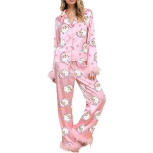 Sunloudy Silk Christmas Pajamas for Women Feather Trim Santa Printed Button Down Shirts Pants Lounge Set Xmas Pj Sleepwear (Medium, Pink)
