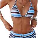 SweatyRocks Women's 3 Piece Striped Swimsuit Halter Triangle High Cut Bikini Sets with Swim Shorts, L