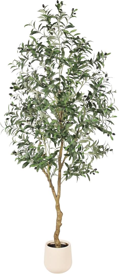 FEELEAD 7ft Olive Trees Artificial Indoor - Tall Faux Olive Tree 7 feet (84") with Pot, Fake Plants Natural Olive Branches and Realistic Leaves Olive Silk Tree for Home Office Decor