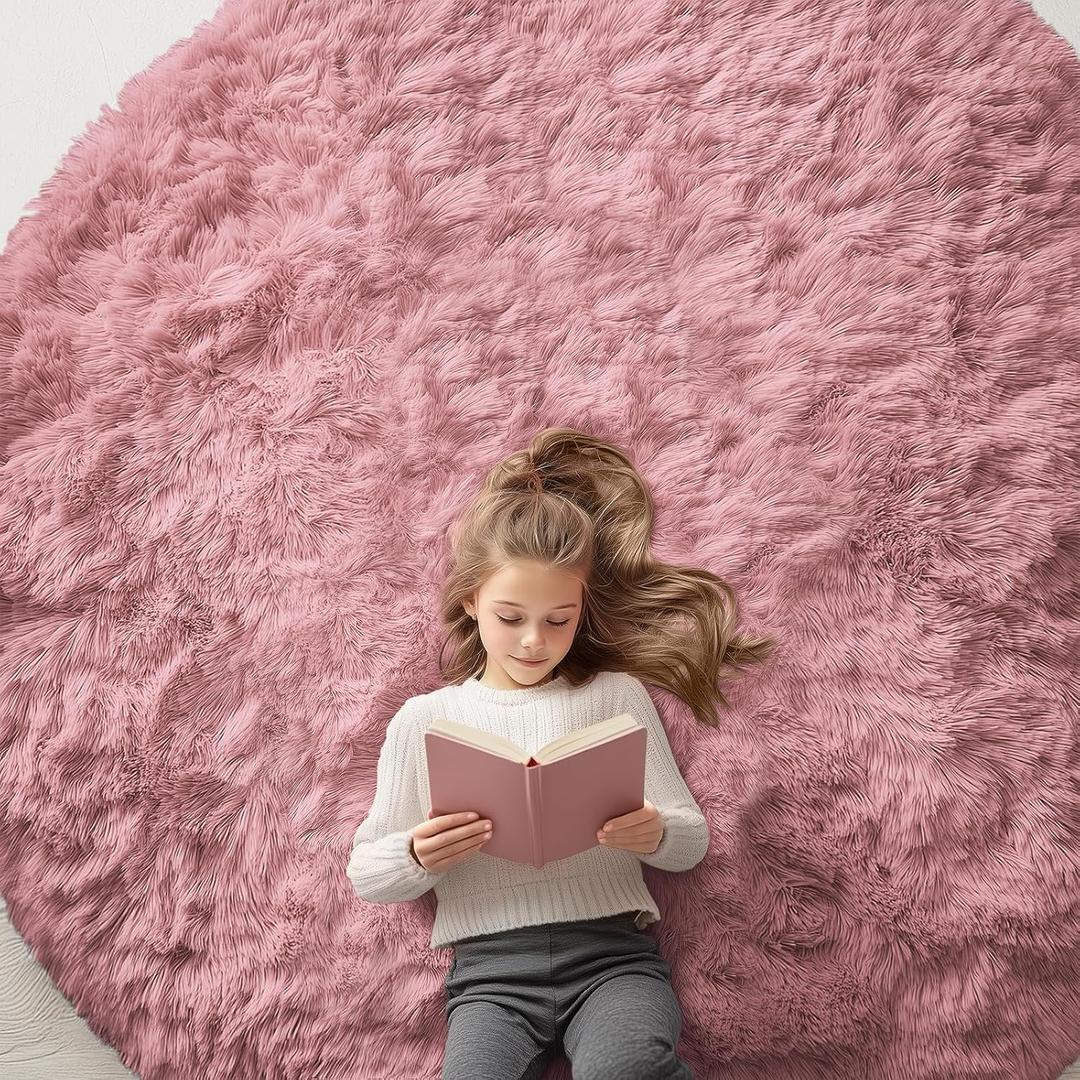 OLANLY Pale Pink Round Rugs for Bedroom - Machine Washable, 7 ft Circle Area Rugs for Living Room, Soft and Fluffy Shaggy Carpet for Teen Girls and Boys, Nursery Rooms, Dorms, Home Decor Aesthetic