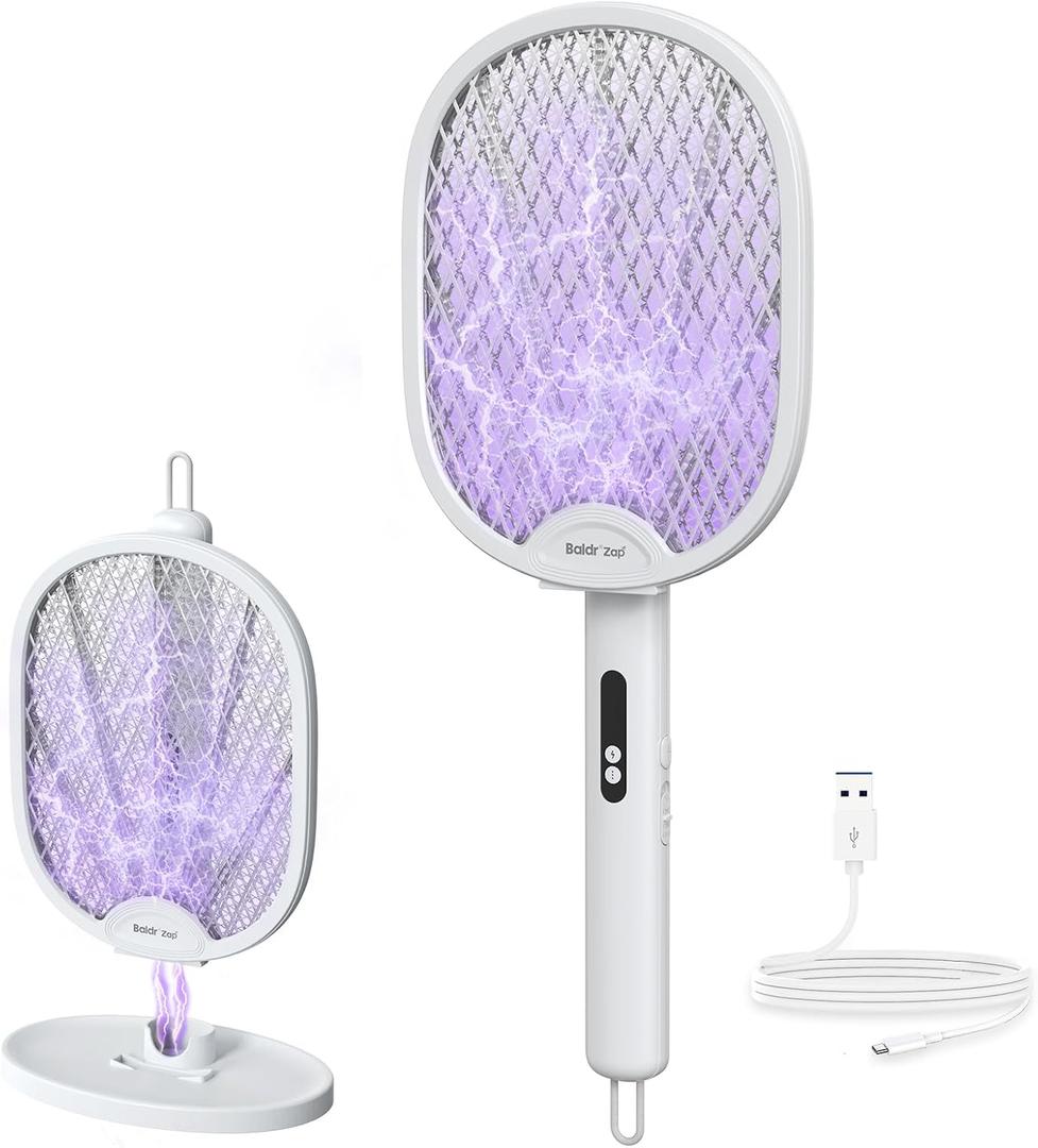 BALDR Electric Fly Swatter Racket, Foldable 2 in 1 Bug Zapper 3000V Powerful Mosquito Killer with Purple Attractant Trap Lamp, 1200mAh Type-C Rechargeable for Indoor Home Office Patio Camping (White)