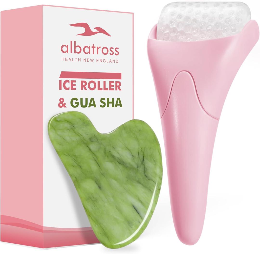 Gua Sha & Ice Roller for Face, Small Gifts, Facial Tools for Puffiness and Redness Reducing Skin Care Routine, Self Care Massage Gift for Women Men (Pink)