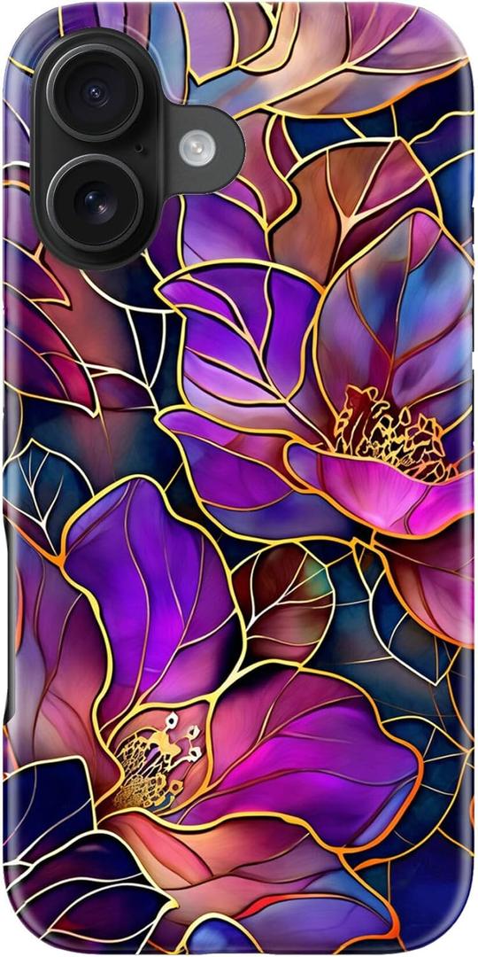 for iPhone 16 Plus Case - Wireless Charging Compatible - Dual-Layer Hard Shell + Silicone Cover - Shockproof Protective Phone Case with Stylish Designs for Women - Blooming Purple Flowers