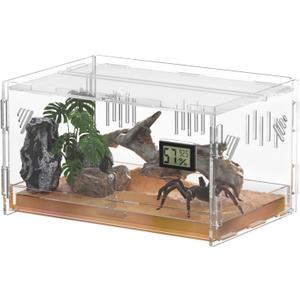 Reptile Terrariums with Temperature Hygrometer, 15.7"x9.9"x7.1" Acrylic Breeding Box Terrarium Cage Tank for Small Reptiles, Insects, Home Office (Terrestrial)