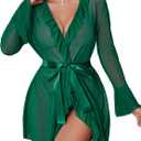 Avidlove Mesh Lingerie Robe Sets Long Sleeve Kimono Nighty With Thong | Sexy, Long Sleeve, Soft, Sheer Mesh, Robe with Thong, Ruffle Bell Sleeves (M)