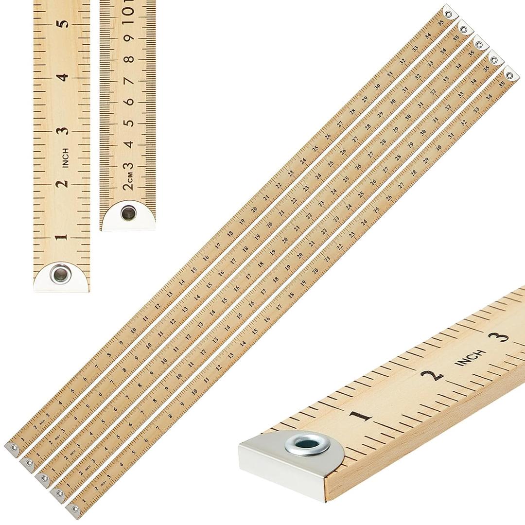 Hoteam 5 Pcs Heavy Duty Wooden Yardstick 36 Inches Natural Wood Yard Stick Ruler with Hang Hole Metal Tips 1/4-inch-thick Yardstick Ruler Metal Ends Meter Stick Clothing Measuring Home Office