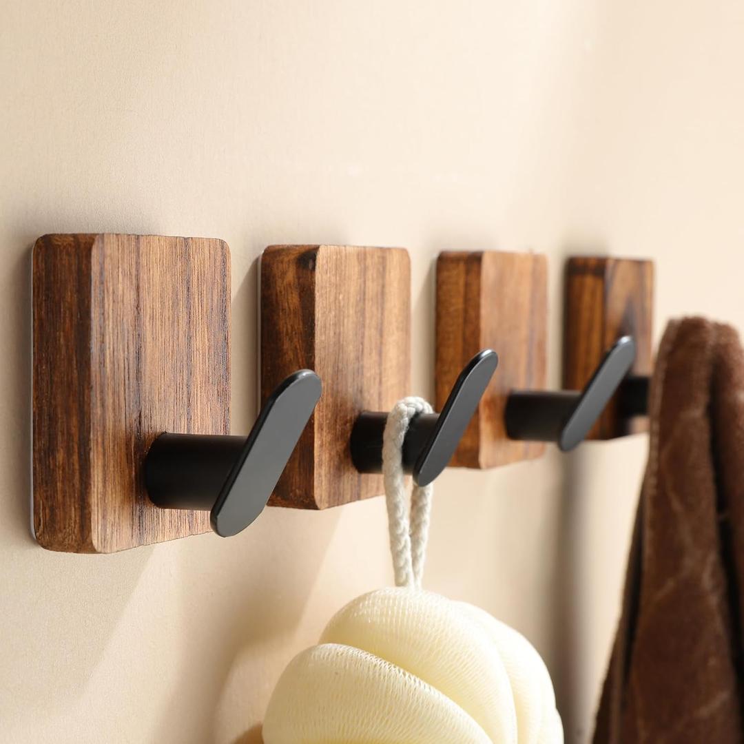 DELITON Towel Hooks for Bathrooms, 4 Pack Adhesive Wood Hooks for Hanging Robes, Towels, Coat, Key, Decorative Wall Utility Hook Heavy Duty