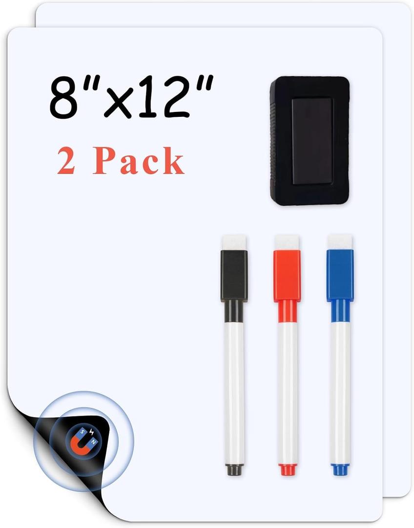 Magnetic Fridge White Board Paper, 8" x 12" 2 Pack Small Dry Erase Board Sheet for Organizer and Planner, Kitchen Refrigerator Whiteboard for Family to-do List, Includes Markers and Eraser