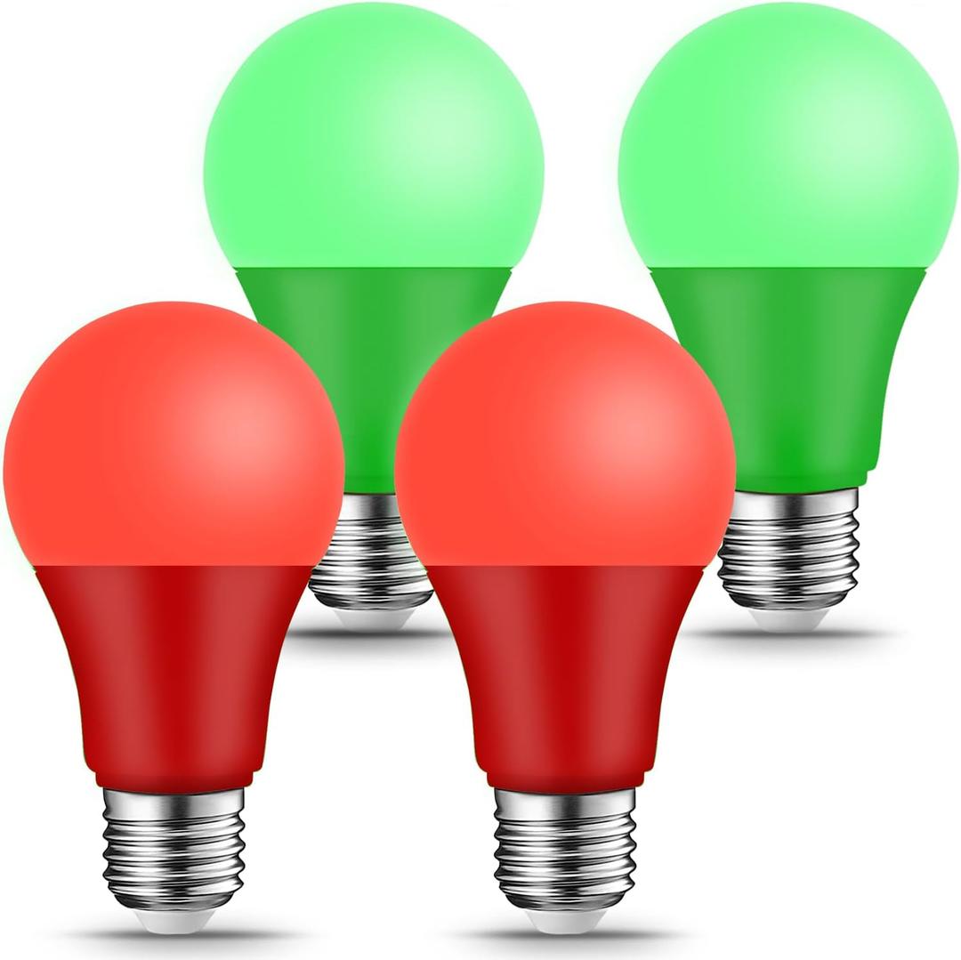 Red Green Light Bulbs - [ 4 Pack ]- 9W60W Equivalent E26 Base LED Colored Light Bulb for Festivals Party Christmas Bar Events Home Decor (2 Red & 2 Green)