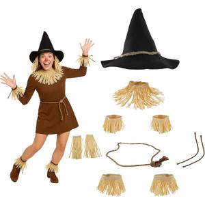 Nicky Bigs Novelties Adult Deluxe Felt Scarecrow Hat And Straw Kit 11 Piece Wizard Witch Halloween Costume Accessory Set (Black/Brown)