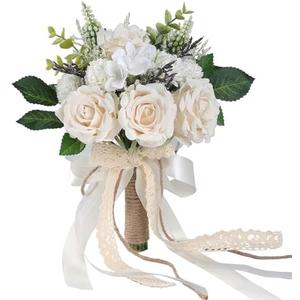 GLIDLION Wedding Bouquets for Bride Bridesmaid,White Champagne Artificial Roses Flowers for Wedding Church Decoration (7.5in)