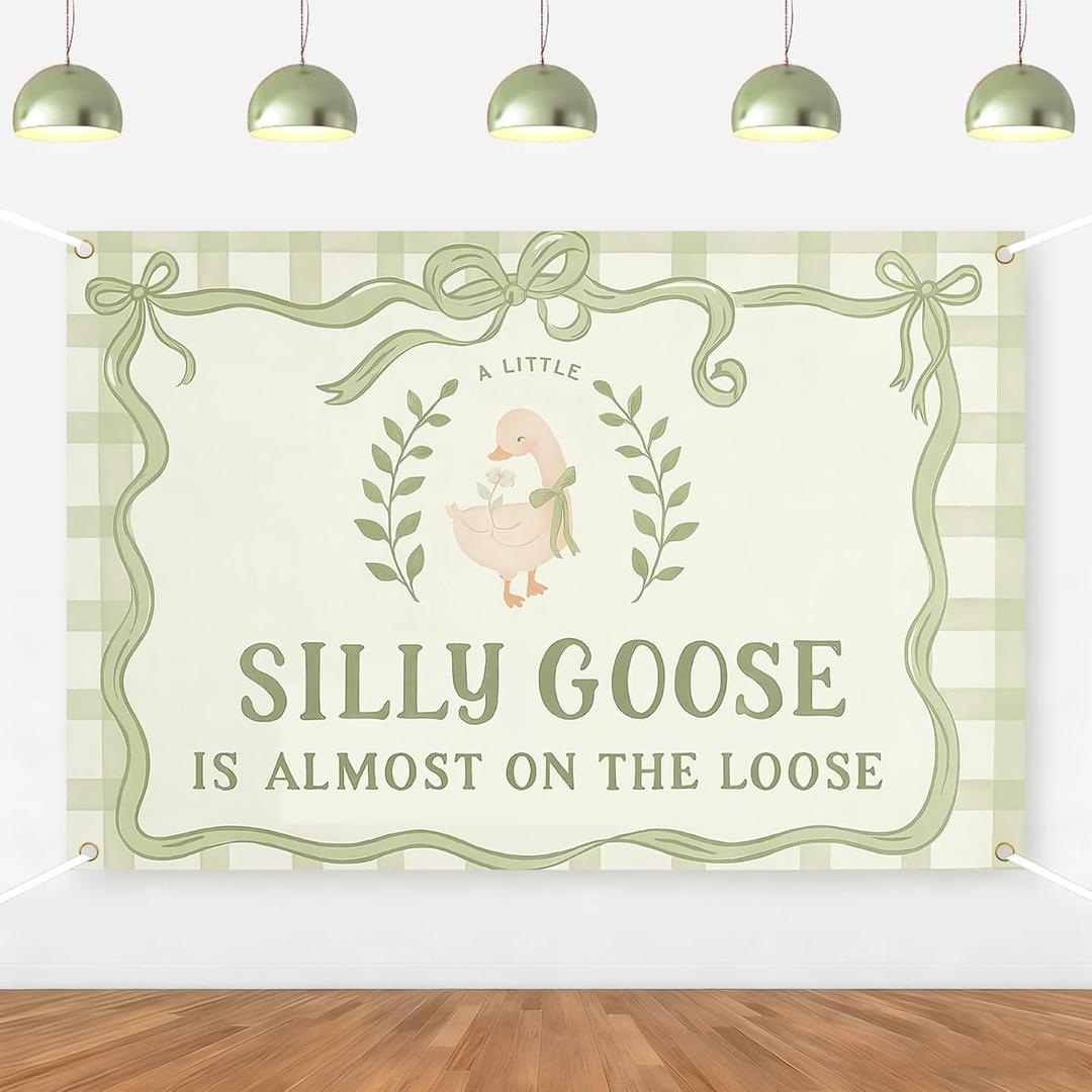 Silly Goose Baby Shower Backdrop Decorations A Little Silly Goose is Almost on The Loose Banner Background Green Bow Gingham Cute Farm Animal Banner for Kids Baby Shower Gender Reveal Decor 5 * 3ft