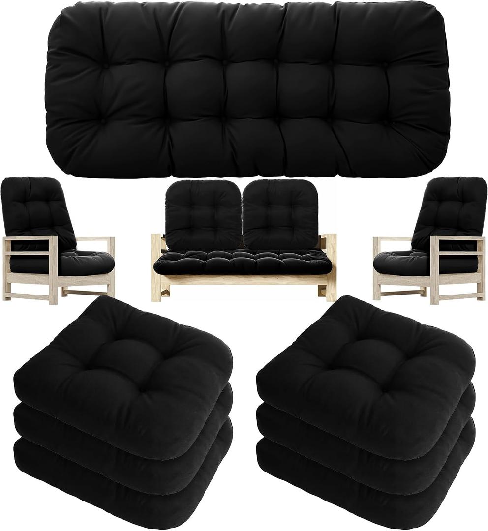 Youyole 7 Pcs Wicker Chair Cushions Set, 44 x 19'' Outdoor Waterproof Loveseat Bench Cushion with 6 U Shaped Chair Cushions for Wicker Garden Porch Swing Furniture Seat Sofa Couch(Black)
