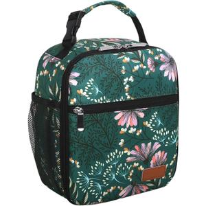 Femuar Lunch Box for Men Women Adults Small Lunch Bag for Office Work Picnic - Reusable Portable Lunchbox, Malachite Green Flower