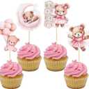 Gyufise 32Pcs Baby Shower Bear Cupcake Toppers Moon Baby Bear Baby Shower Cake Topper Decorations Jungle Animal Theme Birthday Party Cake Supplies Pink