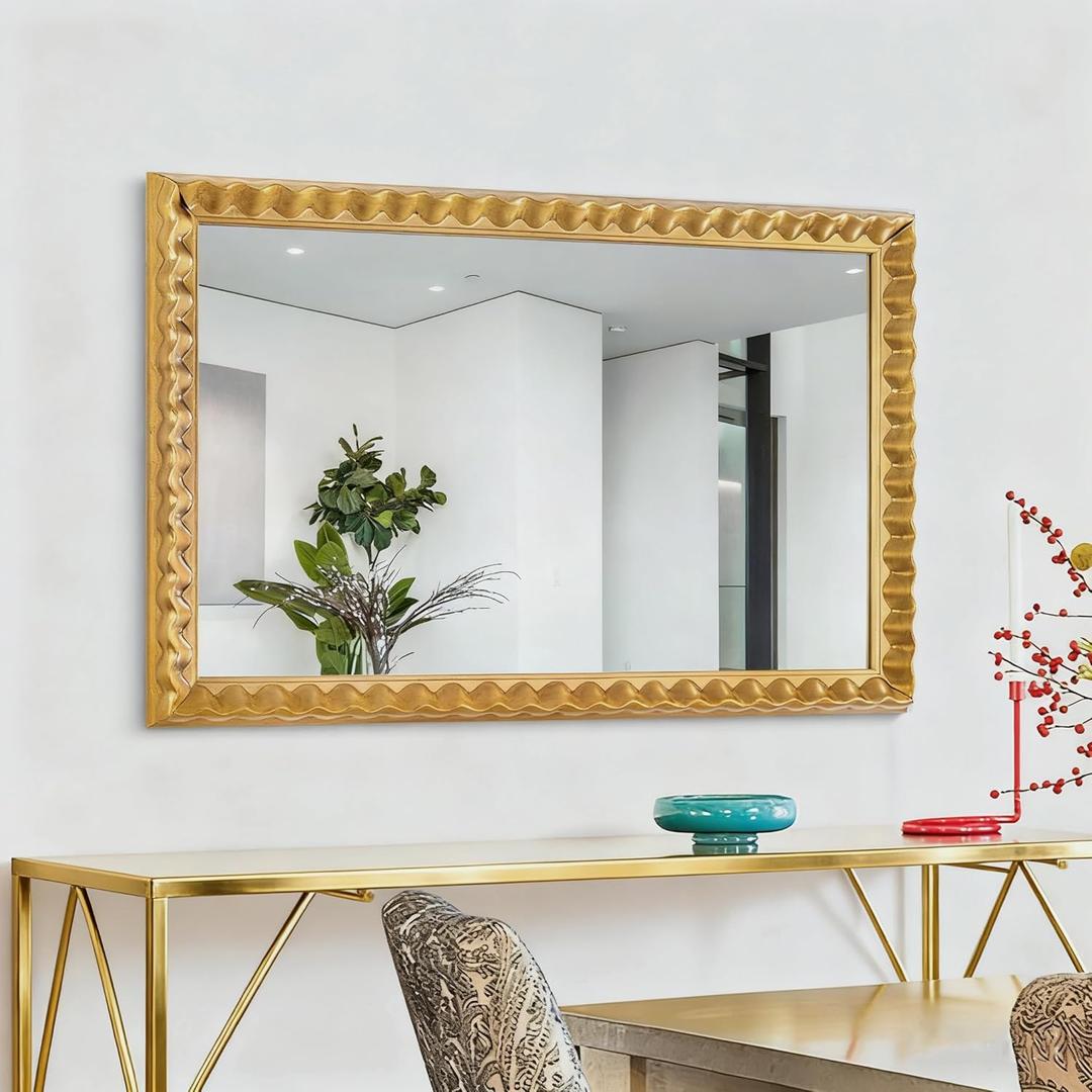 Gold Decorative Mirror for Living Room, 39'' X 27'' Rectangular Wall Mirror with Wavy Wood Frame, Unique Gold Wood Mirror for Bathroom, Dining Room, Entryway, Hallway