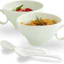 Soup bowls with Handle and Spoons, 17oz Handmade Cereal Bowls Set of 2, Soup Mug with Handle for Ice Cream Snack Oatmeal and Salad, Gift for Housewarming, Microwave Dishwasher Safe - Mint Green