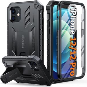 FNTCASE for iPhone 12 Phone Case: for iPhone 12 Pro Phone Case Military Grade Drop Proof Rugged Protective Cover with Kickstand | Matte Textured Shockproof TPU Hybrid Bumper Cases 6.1 inch - Black