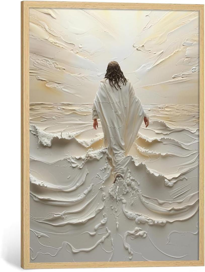 Jesus Walking on Water Wall Art Natural Wood Framed Religious Wall Decor Christian Paintings for Living Room Bible Verses Pictures for Bedroom Modern Christian Canvas Art 16x24 Inch