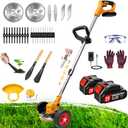 Electric Weed Wacker Cordless Eater, Weed Trimmer Battery Powered with 5 Types Blades&2Pcs 21V/2.0Ah Battery Operated & Charger, Lightweight Weed Trimmer/Edger Lawn Tool/Brush Cutter for Garden Yard