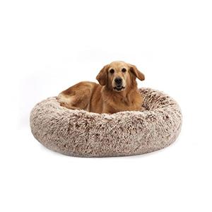 Bedfolks Calming Donut Dog Bed, 36 Inches Round Fluffy for Large Dogs, Anti-Anxiety Plush, Machine Washable (Brown, Large)