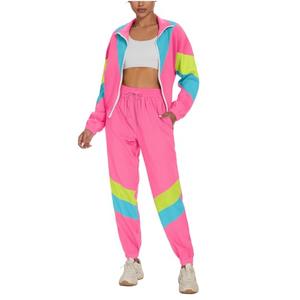 UOUA Women's Colorblock 2 Piece 80s 90s Outfits Long Sleeve Windbreaker Jacket Tracksuit Set LightPink XL