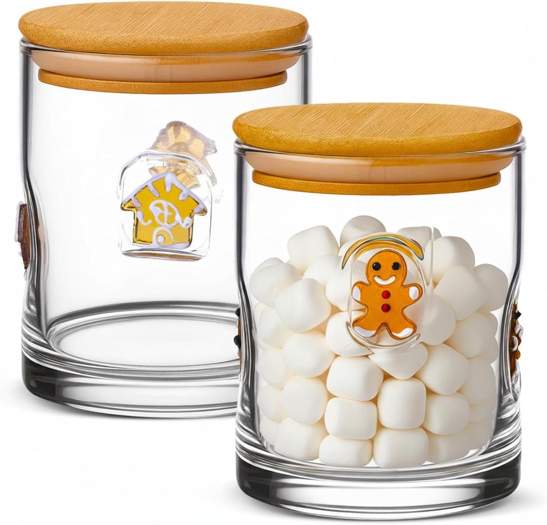 Suclain 2 Pcs Christmas Icon Glass Jars with Lids - Gingerbread Man Icon Candy Storage Jar Decorative Cookies, Sugar, Spices, Airtight Food Canister for Kitchen Christmas Party Table Home Decoration