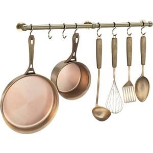 ROTHLEY Stainless Steel Hanging Pot Rack Hanger: 23.7 Inch Pot and Pan Hanger Wall Mounted Hanging Pot Bar Rack Heavy Duty Pot Hangers Kitchen Rail with 8 S Hooks (Antique Brass)