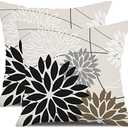 Black Brown Outdoor Pillow Covers 20x20 Inch Set of 2 White Gray Flower Throw Pillows Farmhouse Outdoor Modern Floral Polyester Square Cushion Case Decor for Sofa Patio Funiture Garden 01A20