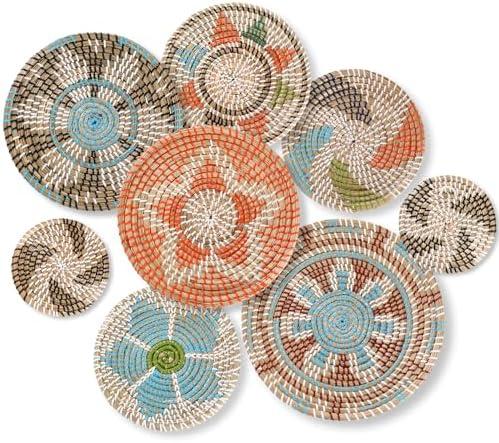 Ziliny Boho Wall Basket Decor Set of 8 Decorative Hanging Woven Basket Art Round Farmhouse African Woven Bowl Decor for Kitchen Rustic Home Summer Decorations, Multi Sizes(Colorful)