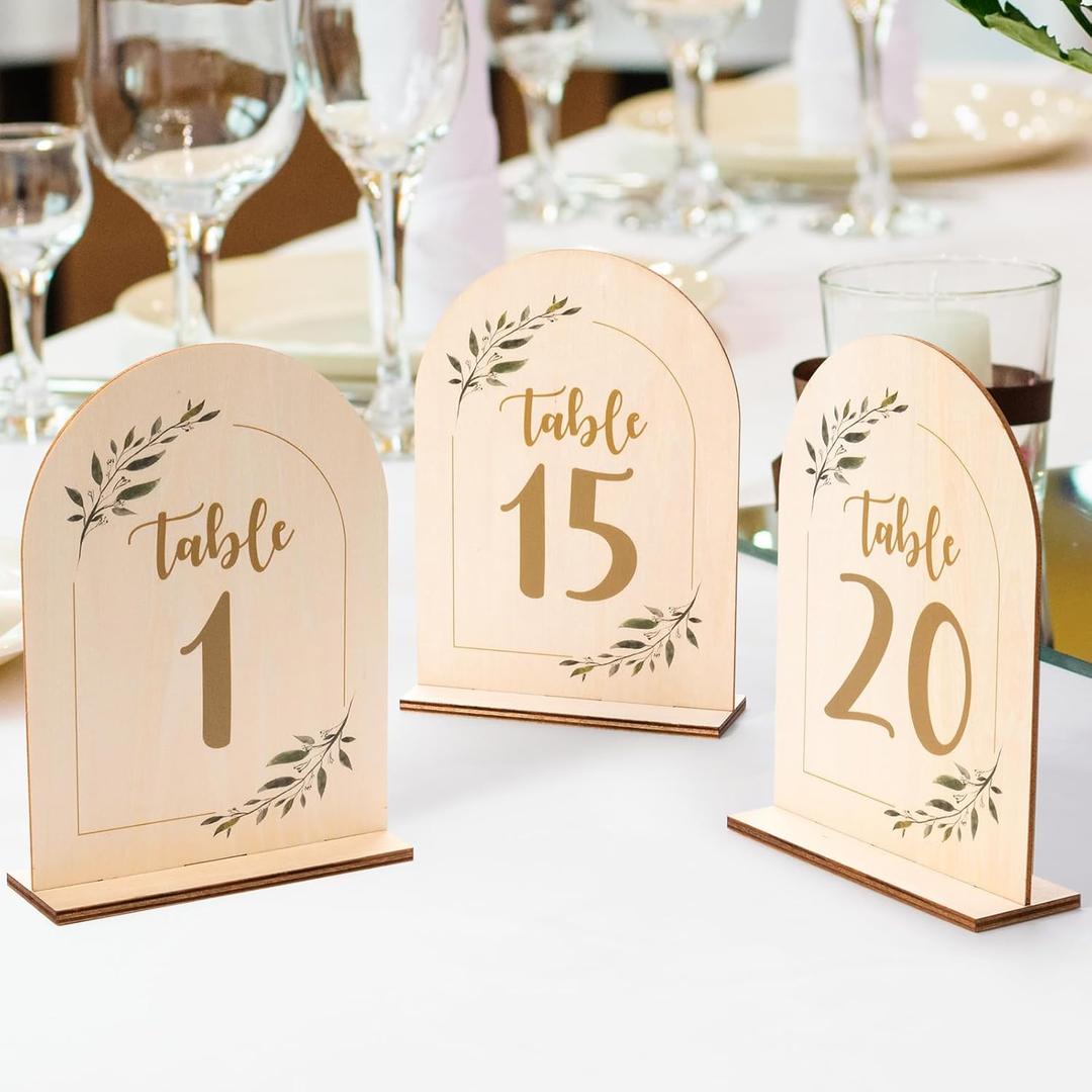 Wedding Table Numbers - 5x7 Inch Double-Sided Arch Signs 1-20, With Wooden Base for Party Table Centerpiece Decoration