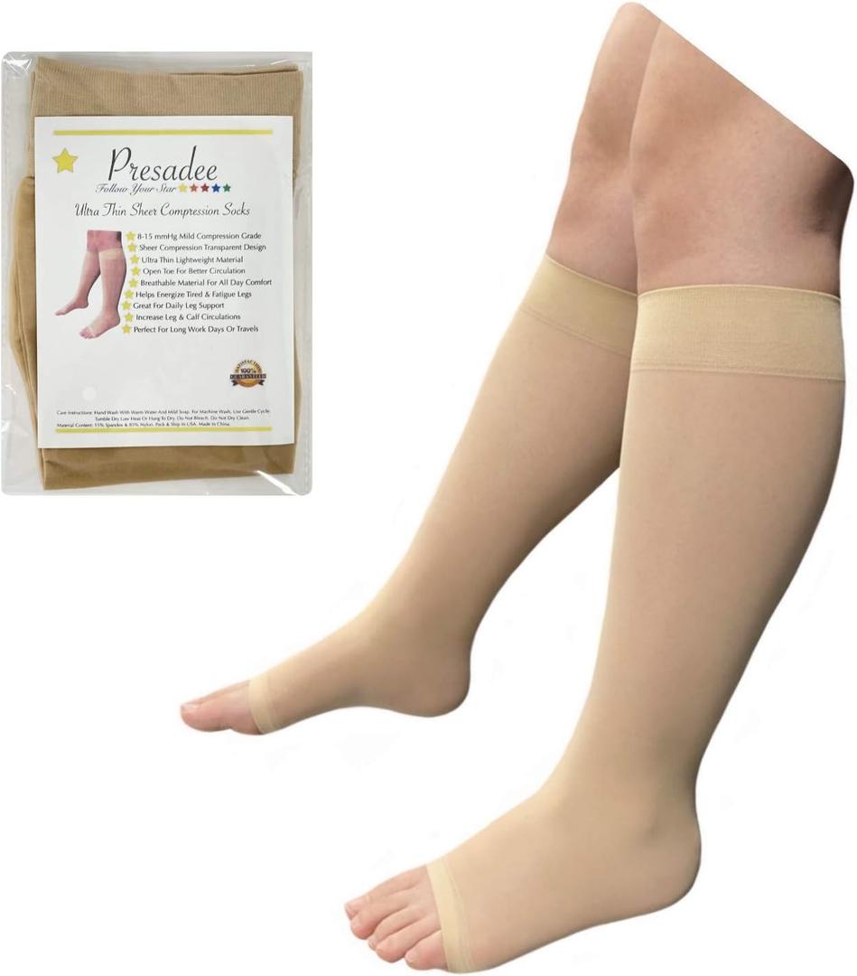 Presadee Ultra Thin 8-15 mmHg Mild Sheer Compression Leg Calf Open Toe Socks